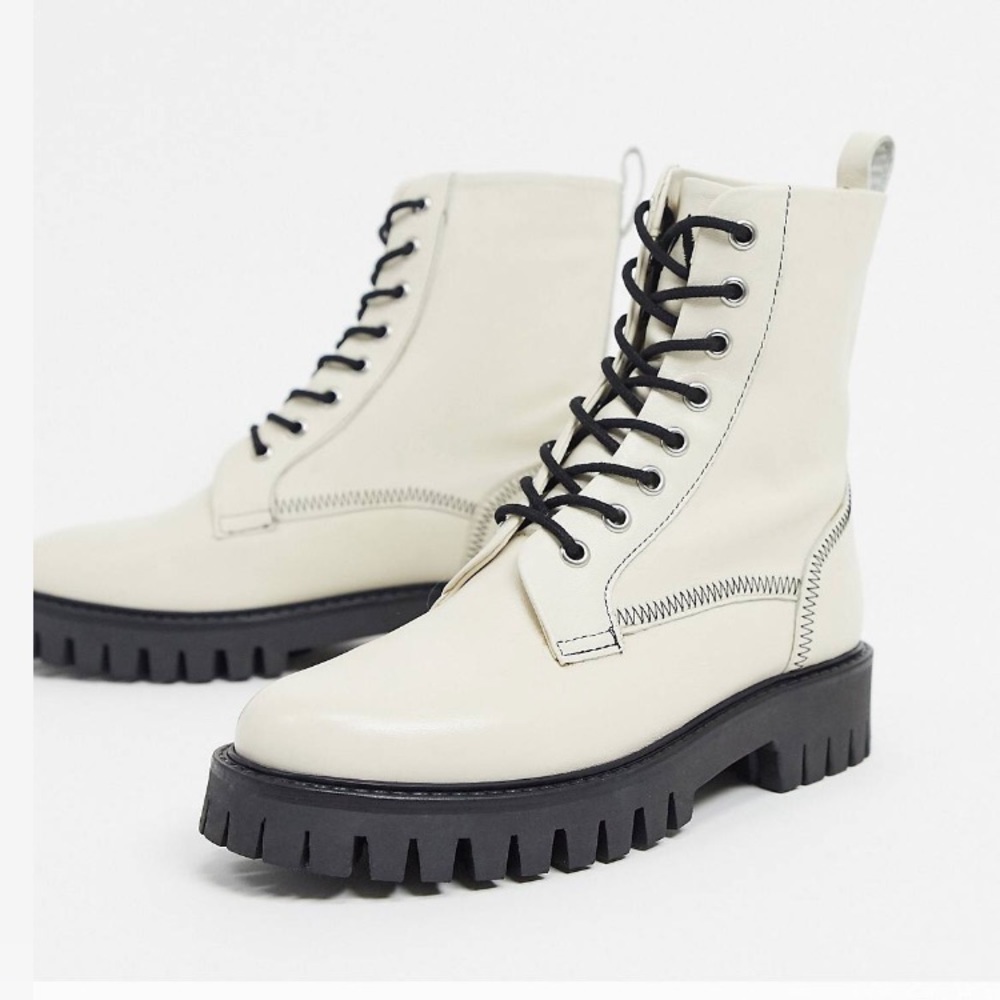 ASRA Billie Lace Up Flat Boots Stitch Bone Leather